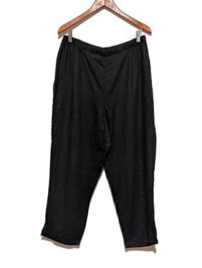 FLAX L Black Flat Front Elastic Waist Linen Floods Pant NWOT